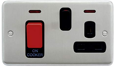 Deta 1927SCB Cooker Control Unit with Socket & Neon Indicators 45 Amp Satin Chrome/Black Inserts