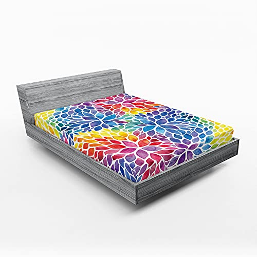 ABAKUHAUS Bunt Spannbetttuch, Regenbogen farbige Blätter, Soft Dekorativer Stoff Bettwäsche Rund-um Elastischer Gummizug, 140 cm x 200 cm, Blau Rot Gelb