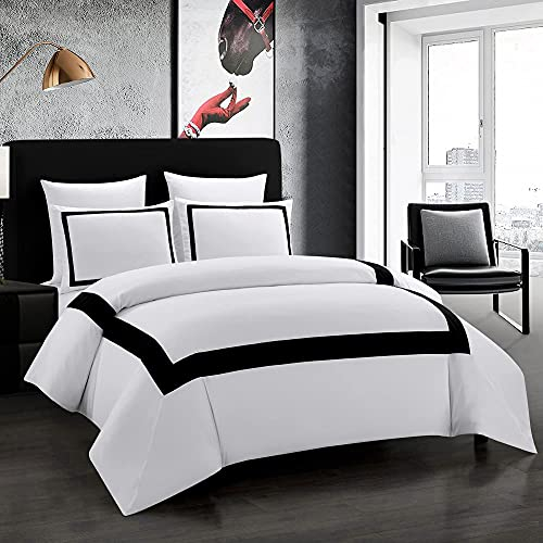 OSVINO Bettwäsche 200x200 cm mit 2 Kissenbezug 50x75 cm Weiß und Schwarz Hotel Bettwäsche Streifenrahmen Bettwäsche-Sets Mikrofaser Bettbezug für Hotels Familien