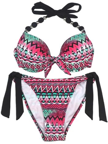 EONAR Damen Seitlich Gebunden Bikini Sets Abnehmbar Bademode Push up Bikinioberteil mit Nackenträger(XL,M-Black)