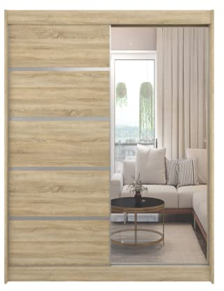 ML Furniture L3 Schiebetüren Kleiderschrank 120 cm mit Spiegel - Schlafzimmermöbel, Aufbewahrung - Mehrzweckschrank - Farbe: Sonoma