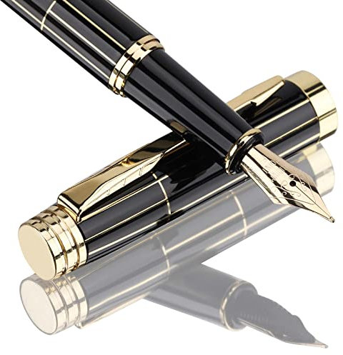 Tiankool Luxury Fountain Pen,Fine Nib, Exquisite Pen Gift Set for Men&Women-Includes 10 Ink Cartridges&Ink Converter- Nice Pens - Black - Gold Plaid