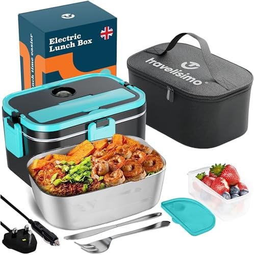 TRAVELISIMO XL Gamelle Chauffante Grande Capacité 1,8L Lunch Box Chauffante 80W Marmite Electrique 3 en 1 220V 24V 12V, Boite Chauffante Repas, Gamelle Chauffante Allume Cigare, Boîtes-Repas