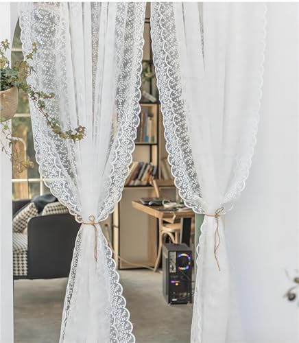 Yaland Scheibengardine mit Spitzen Design zarte durchscheinende Gardine mit Kräuselband in Küche, Wohnzummer Landhausstil 1 Stück Weiß HxB 145x130cm