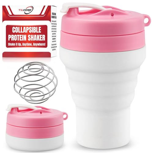 Tilcore Shaker de Protéines Pliable Rose et Bouteille d'eau Qualité Alimentaire, Couvercle Etanche de 600ml / 20oz - Gobelets Mélangeurs Réutilisables pour Protéines avec Bille de Mélange