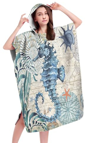 JORAKI Strandtuch Poncho, Surf Poncho Damen Herren, Mikrofaser Handtuch Erwachsene Ozean Tier Drucken Badetücher Badeponcho mit Kapuze Umziehhilfe Schnelltrocknend Bademantel Badehandtuch