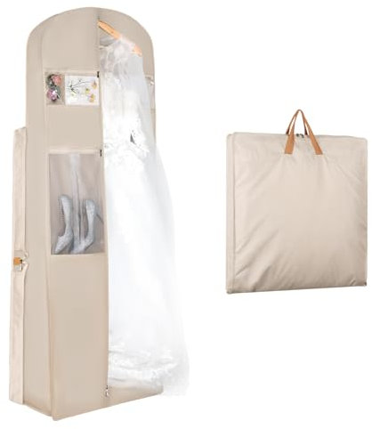 Syeeiex Borsa per abiti da sposa, borsa porta abiti da 183 cm, con grandi tasche e finestra trasparente in PVC, traspirante, da donna, da viaggio, per matrimoni e feste, color crema