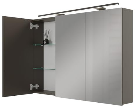 Planetmöbel ARIA Spiegelschrank Bad mit Beleuchtung 100 cm breit | Badschrank hängend mit Spiegel | Anthrazit, mit Leuchte und Steckdose, Spiegelschrank Gäste WC 100 x 70 x 16 cm