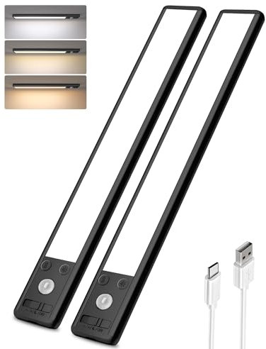 EZVALO Schrankbeleuchtung LED 20CM, 62 LED Schrankleuchte Kabellos mit Bewegungsmelder, 1600mAh Aufladbar 3 Farbmodi Dimmbar Schranklicht, Unterbauleuchte Küche für Schrank, Küche, Schwarz (2 Stück)