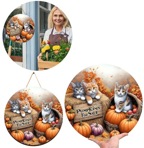 Gothic Deko Wohnung Lazy Cats Kürbis Thanksgiving Türschild Festival Haustür Dekoratives Willkommens-Türschild Hochauflösender Druck Innen- und Außendekoratives (Khaki-7, 31x31x1)