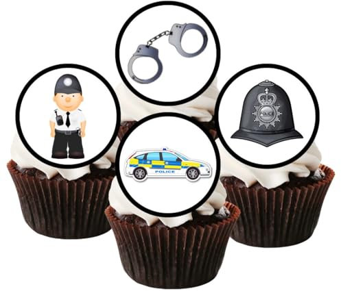 Police Edible Cupcake Toppers, Fun Emergency Services Cake Decorations With Police Car, Officer, Helmet & Handcuffs, For New Job, Birthday & Retirement (PRECUT, Pack of 48-3cm Discs)