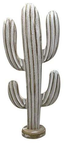 Cactus - Statua decorativa per interni, in legno, 51 cm, colore: grigio ecru