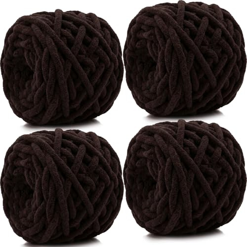 Xtrillogen 4x100g Chenille Wolle zum Häkeln,Chunky Wolle zum Stricken, Flauschig Häkelgarn Baumwolle, Bunte Chunky Yarn,Knitting Chenille Garn,Weben von Taschen, Schal,Decke,Mützen (Braun)