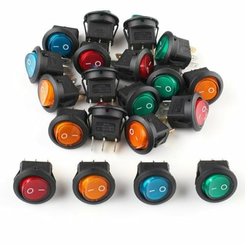 FACAIIO 20 Stück 12 V LED-beleuchteter runder Wippschalter SPST für Auto, Boot, Van, 20 mm Panelloch, 3-Terminal, 5, rot, 5, blau, 5, grün, 5 gelb, 20 Stück