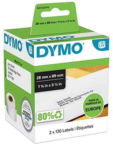 DYMO Original LabelWriter Adressetiketten | 28 mm x 89 mm | schwarz auf weiß | 2 Rollen mit je 130 leicht ablösbaren Etiketten (260 Etiketten) | selbstklebend | für LabelWriter Etikettendrucker