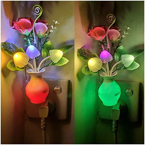 2Pack Plug in LED Night Light w/Auto Dusk to Dawn Sensor,AUSAYE 0.5W Energy Saving Lamp Dream Nightlight Rose Flower Mushroom Night Lights for Kids Adults Bedroom,Bathroom,Living Room,Kitchen,Hallway