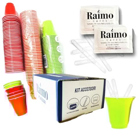AURACAFFE' Kit Accessori: 600 Bicchierini Plastica Riutilizzabile Espresso 75ml, 600 Palettine Riutilizzabili, 600 Bustine Zucchero Extra Fine Alta Qualità