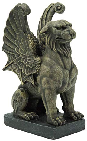 Ebros Gift Muscular Stoic Lion Gargoyle with Griffin Wings Crouching On Pedestal Decorative Statue 6.5 Tall Medieval Cathedral Castle Rooftop Gothic Figurine