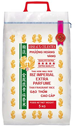 Riz Thai impérial extra parfumé qualité premium 5KG 2021 - Pelle à riz offerte - Marque Oiseaux Célestes - Année 2021 (Sac de 5KG)