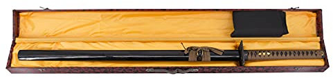 THIRD Replik Katana Functional S5000 106 cm Klinge aus Kohlenstoffstahl AISI 1045, schwarz lackiert, schwarz-braune Scheide, brauner Griff mit Holzbox, ausgekleidet mit dekorativem Stoff Präsentation