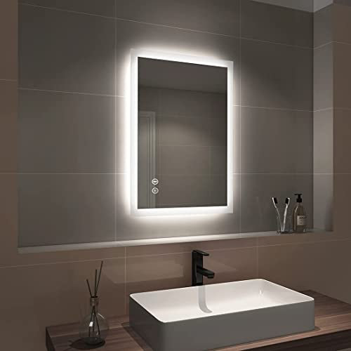 EMKE Bluetooth Bathroom Mirror with Shaver Socket - 500x700mm Backlit LED Illuminated Bathroom Mirror with Demister Pad, Makeup Vanity Touch Mirror with LED Lights