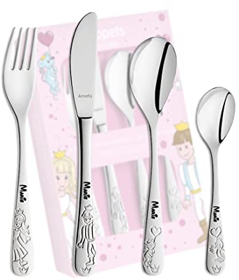 KIDDI-MEDIA Couverts Enfant avec prénom gravé/Motif Princesse / 4 pièces (gravées du prénom) / en Acier Inoxydable/Gravure en Police de caractères Moderne