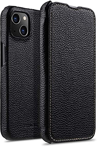 STILGUT Schutzhülle kompatibel mit iPhone 13, Schutzhülle mit seitlichem Klappdeckel aus echtem Leder, Schwarz