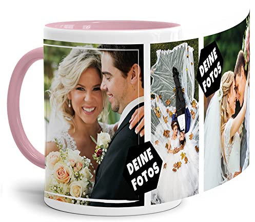 Foto-Tasse zum selbst gestalten mit Foto-Collage für 3 Wunschfotos - Geschenk für Familie, Freunde, Geburtstag, Weihnachten - Keramik Innen & Henkel Rosa, 300 ml I Personalisiert