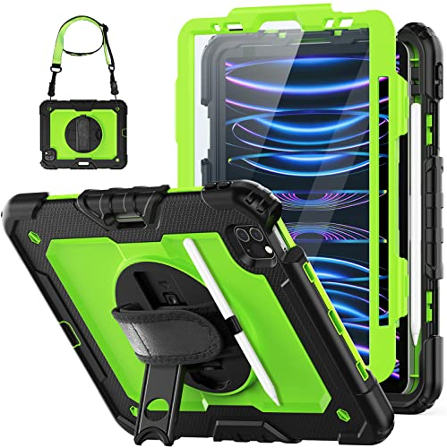 HXCASEAC iPad Pro 11 Zoll Hülle (2022/2021/2020/2018) Stoßfeste Schutzhülle mit Stifthalter/drehbarem Ständer/Griff/Schultergurt für iPad Air 5./4., Kinder iPad Hülle (Grün)