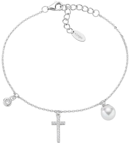 Amen Armband Rhodium Kreuz Zirkonia und Perle, Taglia unica, Sterling-Silber
