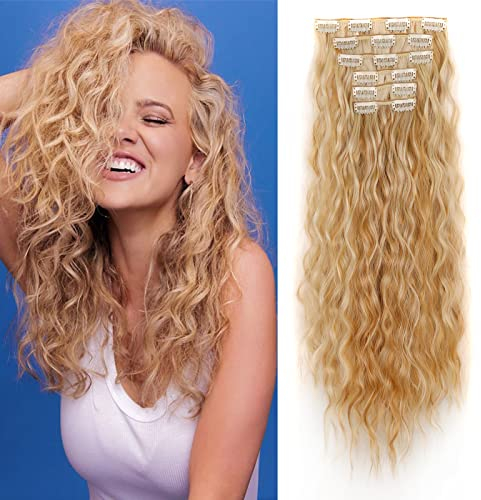 Cybelleza 50cm Clip in Extensions Haarverlängerung Haarteil wie Echthaar 6 Tressen Gewellt Günstig Haarverdichtung Lockig Wavy Curly Haarextension Synthetische Haare, Dunkelblond & Bleichblond