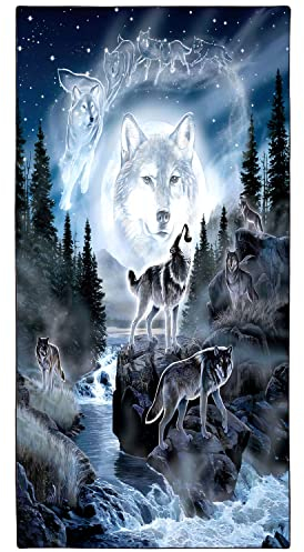 Zomer Strandtuch groß 90x180 cm Schnelltrocknendes Mikrofaser Bedrucktes mit Wolf Moonlight Forest Motiv