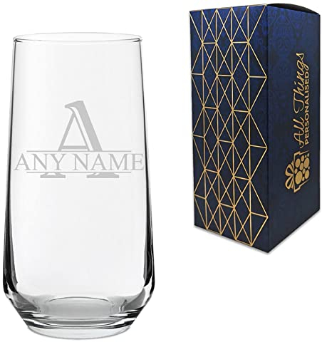 Personalised Engraved Allegra 16.5oz Hiball Glass with Initial and Name Design, Personalise with Any Name and Initial for Any Occasion, Gift Box Included, Laser Engraved