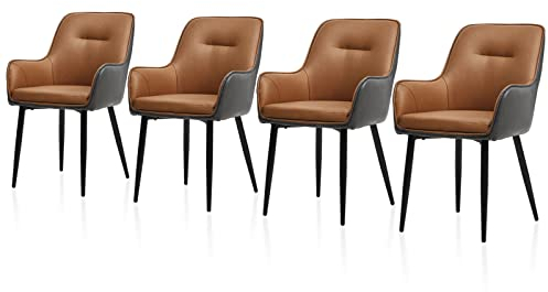TUKAILAI Esszimmerstühle 4er Set Kunstleder,Küchenstuhl Polsterstuhl Armlehnstuhl mit Armlehne,Rückenlehne,Gepolstertes Sitz,Metallbeinen,Moderner Sessel in zweifarbigem Design,Esszimmer, Braun&Grau
