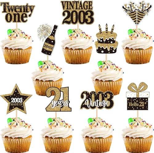 SYKYCTCY 36 PCS Happy 21st Birthday Cupcake Toppers Double Sided Twenty One Hello 21 Vintage 2004 Cupcake Picks Cheers to 21 Years 21 Fabulous Cake Decorations for 21st Birthday Party Supplies