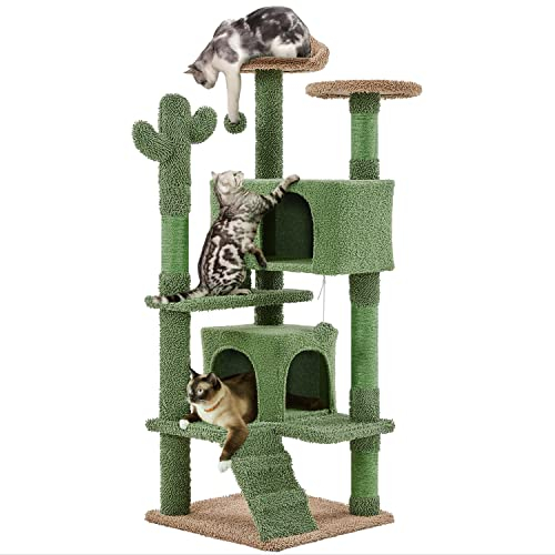 Yaheetech Kaktus Kratzbaum 138 cm hoch Moderner Katzenbaum Katzenkratzbaum mit Aussichtsplattform Katzenhöhle Sisalstämme Plüschball, Grün/Braun
