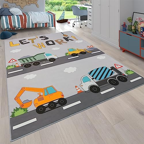 Paco Home Teppich Kinderzimmer Kinderteppich Junge Mädchen Spielteppich Autoteppich Straßenteppich rutschfest Modern Grau Creme, Grösse:80x150 cm