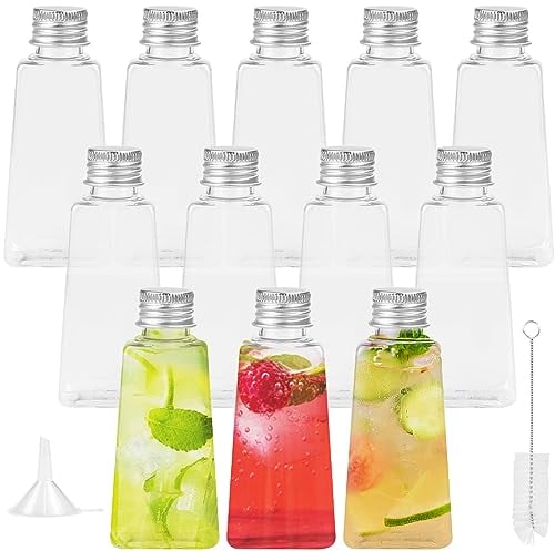 LIMITADA 12 PCS Botellas Plástico Pequeñas de 60ml Botella Plastico Transparente con Tapa de Aluminio Botellas de Jugo de Plástico con Embudo y Cepillo de Limpieza para Agua Leche Jugo Aceite