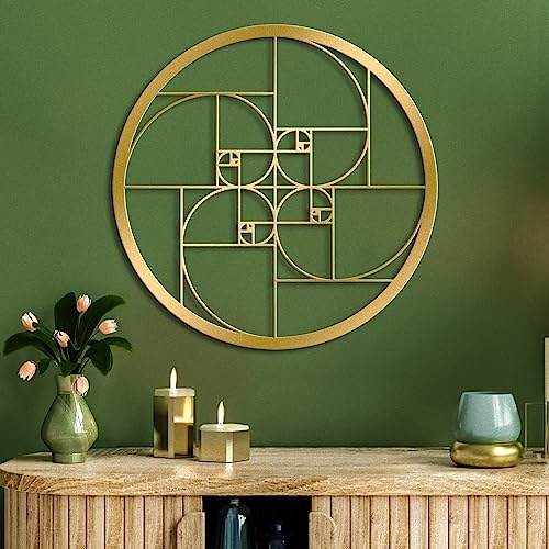 LZAOA Fibonacci Spirale Metall Wandkunst, Mathematik Kunst Fibonacci Spirale Gold Wanddekoration, Metall Wanddekoration für Wohnzimmer, Büro, Outdoor, Indoor (58,4 x 58,4 cm)
