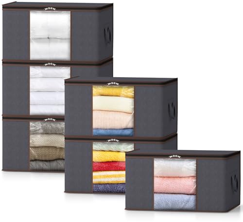 Lifewit 6 Stück Groß Aufbewahrungsbox mit Deckel, 75L Aufbewahrungstasche für Bettdecken Kleidung Aufbewahrung Schrank Kleiderschrank Organizer, faltbare Umzugskartons für Decken Kleider, Grau