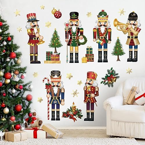 decalmile Weihnachten Fenster Wandtattoo Nussknacker Goldene Schneeflocken Weihnachten Wandsticker Nussknacker Soldat Grüne Blätter Kinderzimmer Fensteraufkleber Weihnachtsdekoration