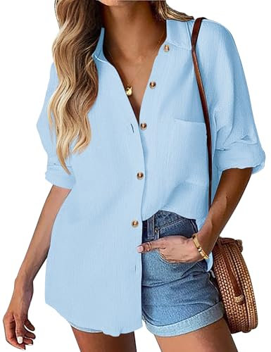 Hotouch Chemisier Femme Chemise Boutonnée à Manches Longues Chemisier Chemise en Coton Patte De Boutonnage sur Le Devant Décontracté Bleu Ciel L