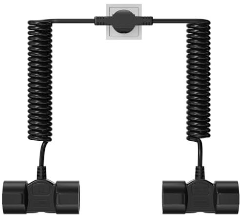 YEAPOW Prolunga a spirale con contatto di protezione con prese a 4 vie, 2 m AC, doppia spina Schuko cavo in plastica, fino a 16 A/250 V, IP20, nero