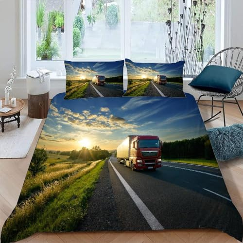 AASIRA LKW Bettwäsche 135x200 Kinder Bettwäsche Sonnenuntergangslandschaft Weiche Mikrofaser Bettbezug mit Reißverschluss Jungen Mädchen Bettwäsche-Set 3D Motiv Bettbezüge mit 2 Kissenbezug 80x80