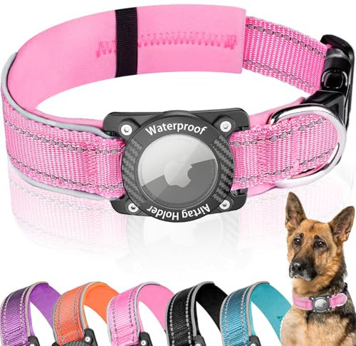 AgoumLux Airtag Hundehalsband, Air Tag Wasserdicht Hundehalsband mit Airtag Halter, Reflektierendes Airtag Halsband Hund mit Weicher Polsterung für Kleine, Mittlere und Große Hunde, Rosa, M