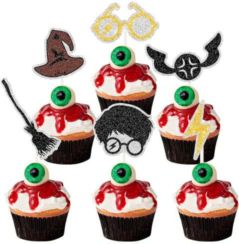 Wizard Harry Cupcake Toppers - 18pcs Magical School Wizard Cupcake Picks - Harry Theme Party Decorations for Baby Shower Kids Birthday