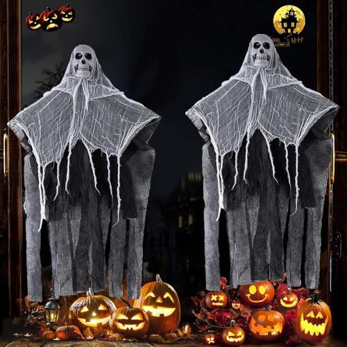 VIDSTW 2 Stück Halloween Totenkopf und Geist Deko, Schaffen Sie eine Horror-Atmosphäre für Spukhaus, Flur oder Garten