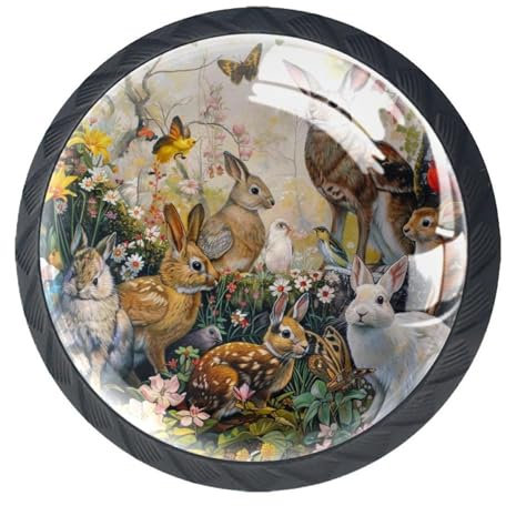 Lot de 4 boutons de meubles ronds en verre - Motif animaux de la forêt - Pour tiroir, commode, armoire, cuisine