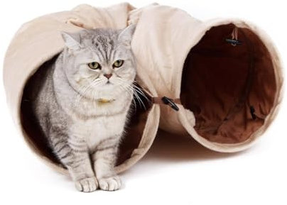 Purpurra Katzentunnel extralang faltbar Katzenspielzeug Rascheltunnel Spieltunnel 116cm mit 4 Eingängen und Spielball (Beige)