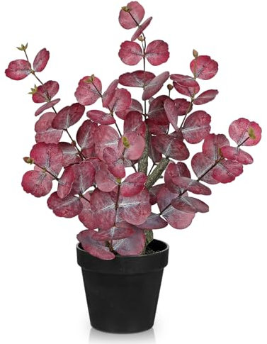 Arborus Kunstpflanze Eukalyptus Rot 46 cm Pflanze Künstlich wie Echt im Schwarzen Topf Eukalyptus Deko Fake Pflanze für Tisch Regal Fensterbank Deko Frühling Sommer Herbst Winter Hochzeit Deko